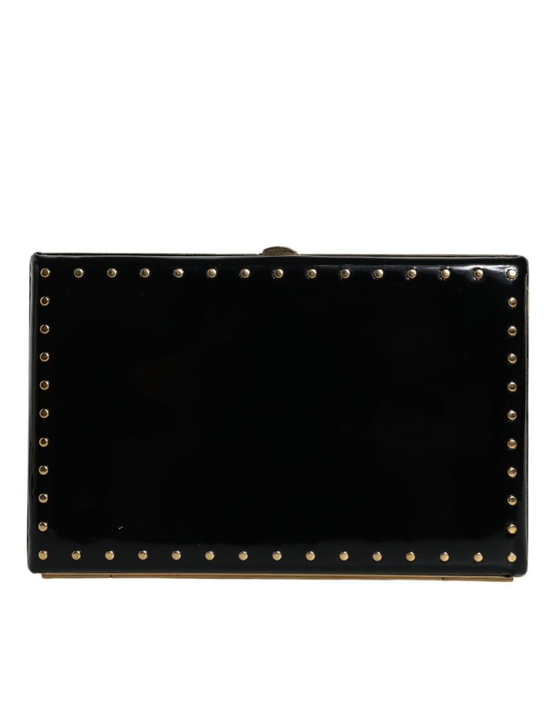 Dolce & Gabbana Black Leather Studs Gold Frame Clutch Evening Purse