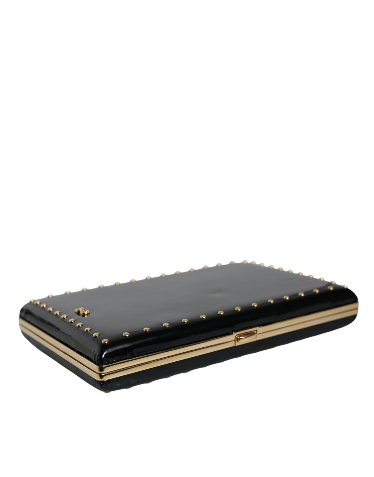 Dolce & Gabbana Black Leather Studs Gold Frame Clutch Evening Purse
