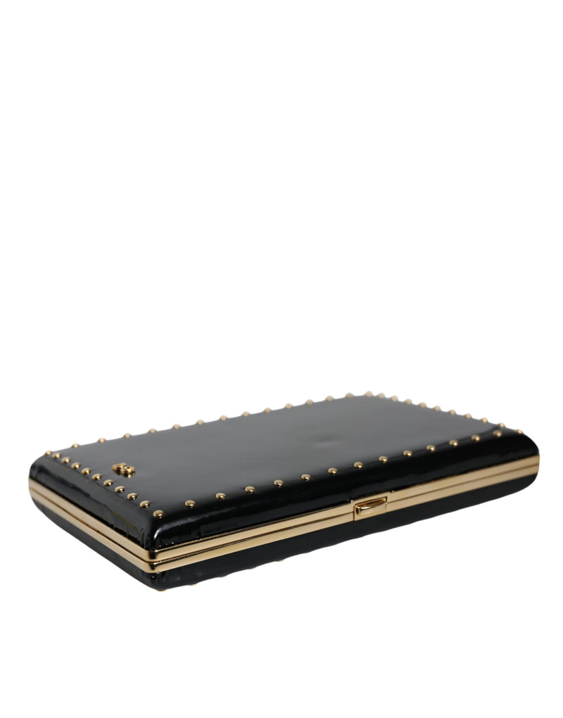 Dolce & Gabbana Black Leather Studs Gold Frame Clutch Evening Purse