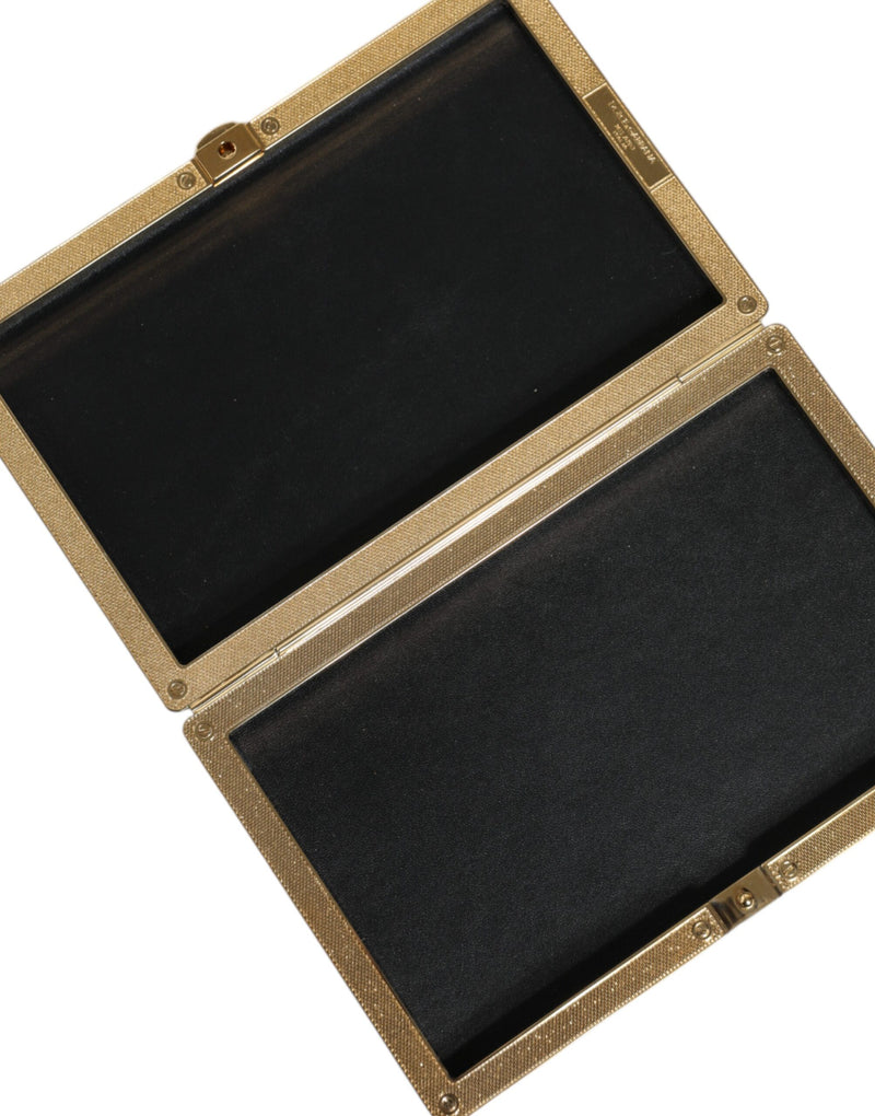 Dolce & Gabbana Black Leather Studs Gold Frame Clutch Evening Purse