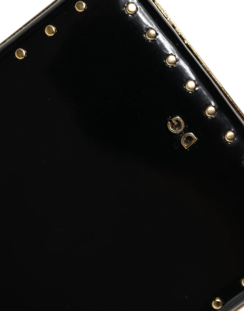 Dolce & Gabbana Black Leather Studs Gold Frame Clutch Evening Purse