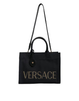 Sac à main en toile et cuir noir Versace avec logo
