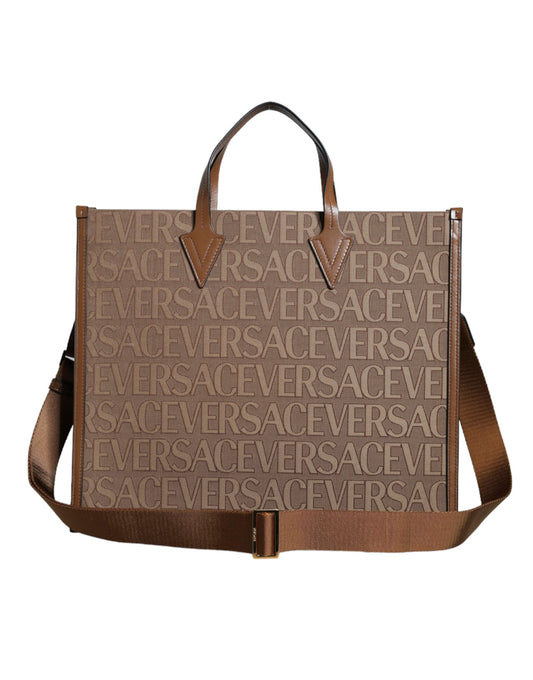 Versace Bruine Jacquard Leren Crossbody Tote Bag met Handvat en Logo