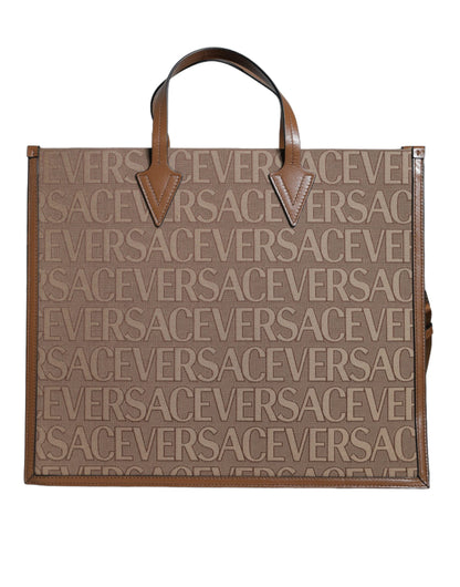 Versace Bruine Jacquard Leren Crossbody Tote Bag met Handvat en Logo