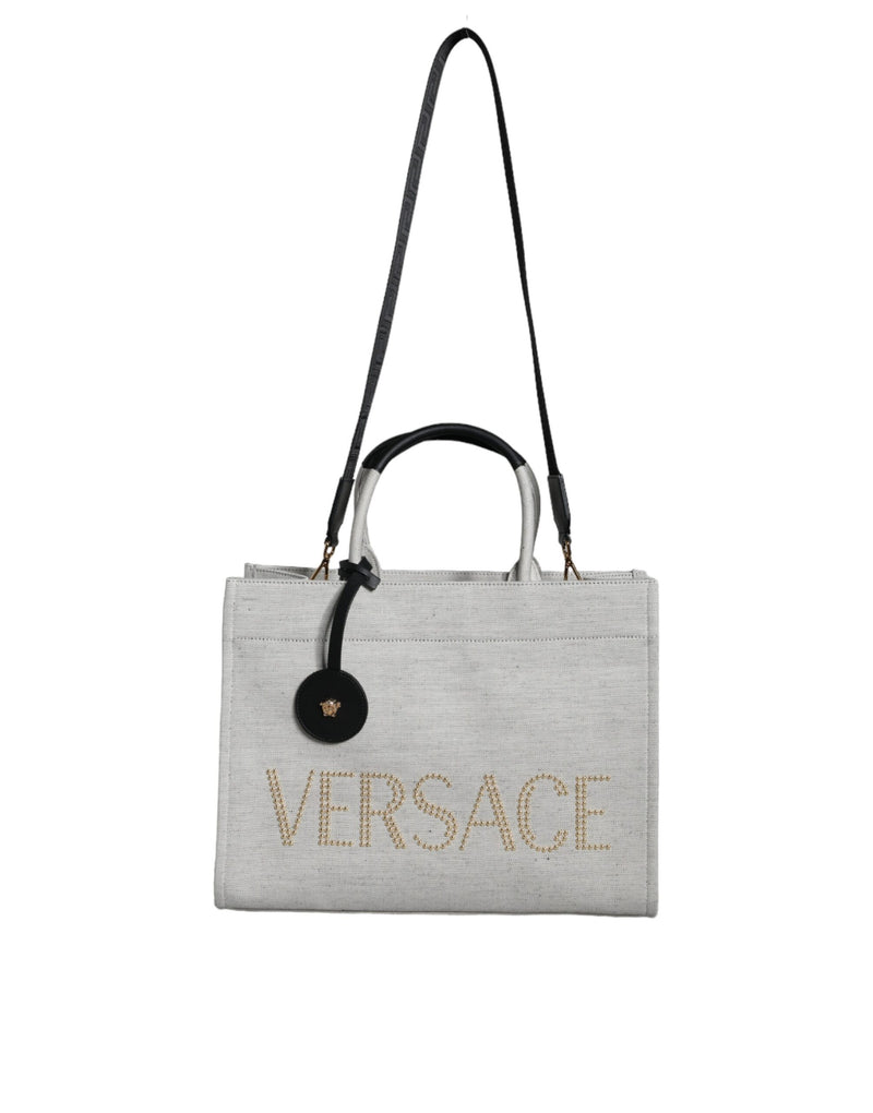 Sac à main en toile et cuir blanc Versace - Modèle logo