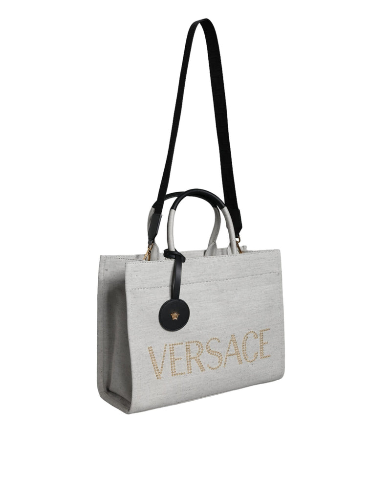 Sac à main en toile et cuir blanc Versace - Modèle logo