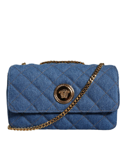 Versace Blauwe Gewatteerde Denim Leren Crossbody Schoudertas