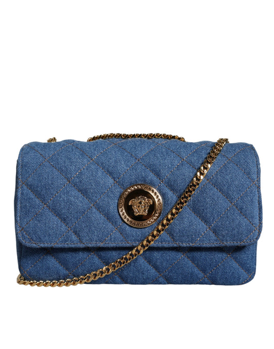Versace Blauwe Gewatteerde Denim Leren Crossbody Schoudertas
