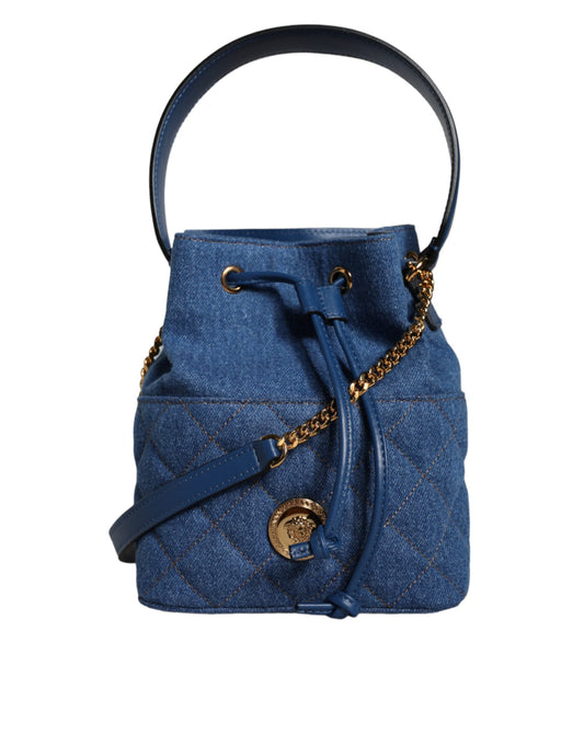 Versace Blauwe Gewatteerde Denim Leren Crossbody Schoudertas