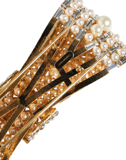 Dolce & Gabbana Gouden Broche met Kristallen Strik en Parelversiering