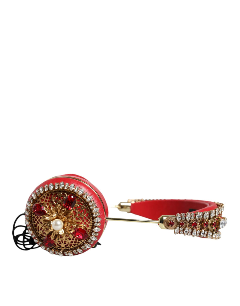 Dolce & Gabbana Red Nappa Leather Floral Crystal Headphones