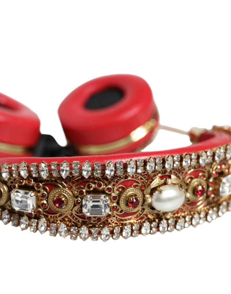 Dolce & Gabbana Red Nappa Leather Floral Crystal Headphones