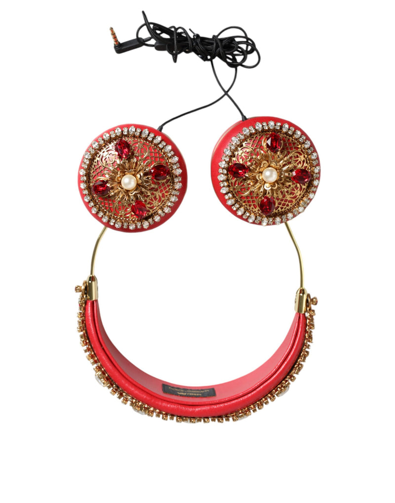 Dolce & Gabbana Red Nappa Leather Floral Crystal Headphones