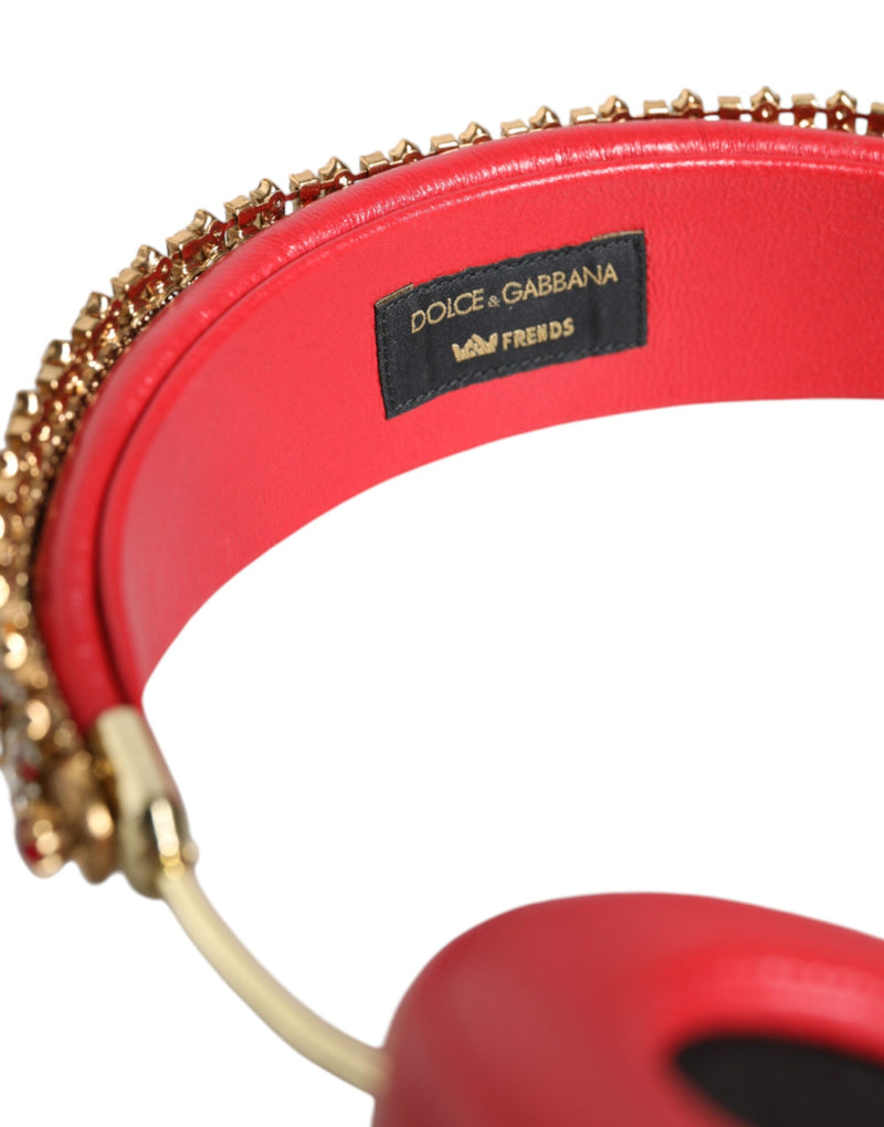 Dolce & Gabbana Red Nappa Leather Floral Crystal Headphones
