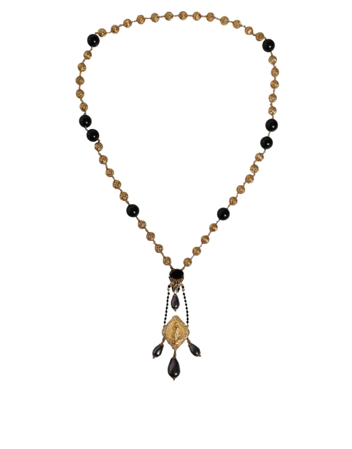 Dolce & Gabbana Gold Chain Brass Black Beaded Rosary Necklace
