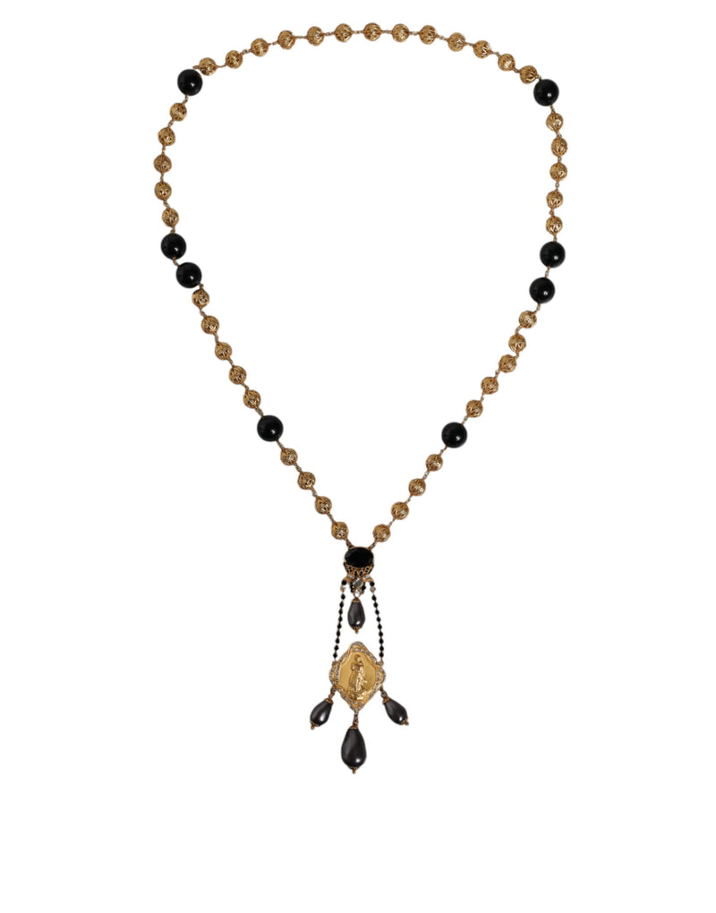 Dolce & Gabbana Gold Chain Brass Black Beaded Rosary Necklace