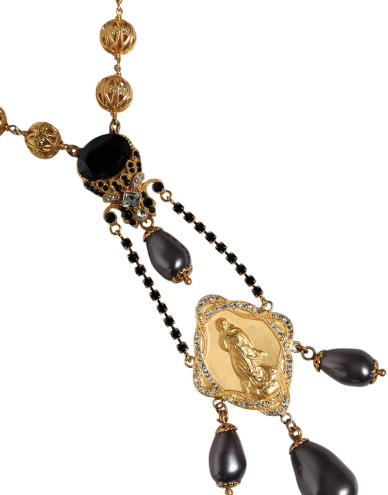 Dolce & Gabbana Gold Chain Brass Black Beaded Rosary Necklace