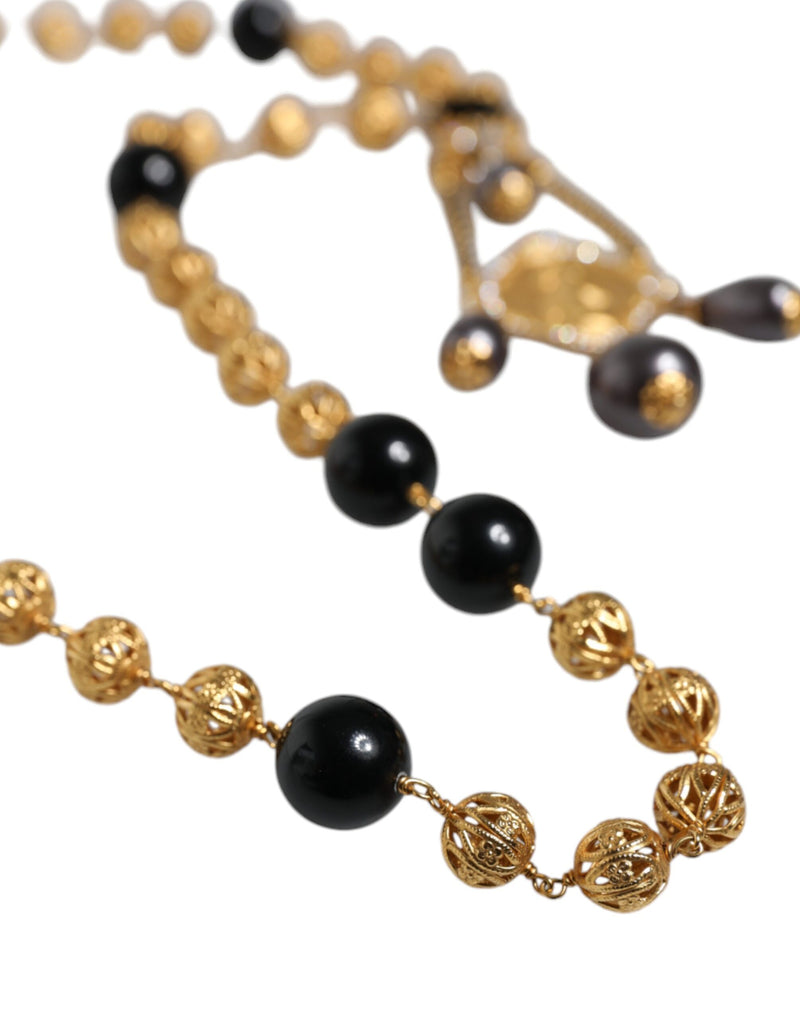 Dolce & Gabbana Gold Chain Brass Black Beaded Rosary Necklace