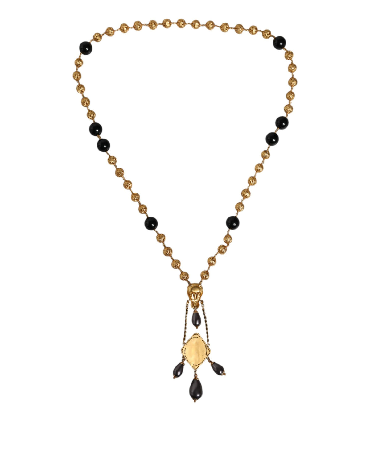Dolce & Gabbana Gold Chain Brass Black Beaded Rosary Necklace