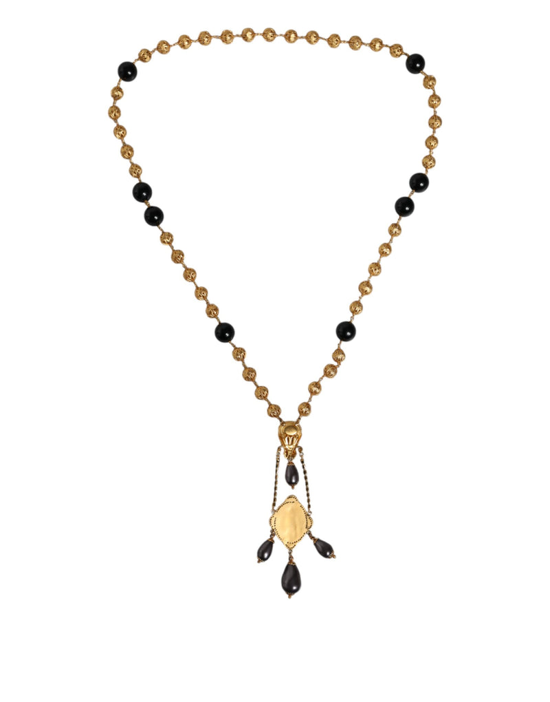 Dolce & Gabbana Gold Chain Brass Black Beaded Rosary Necklace