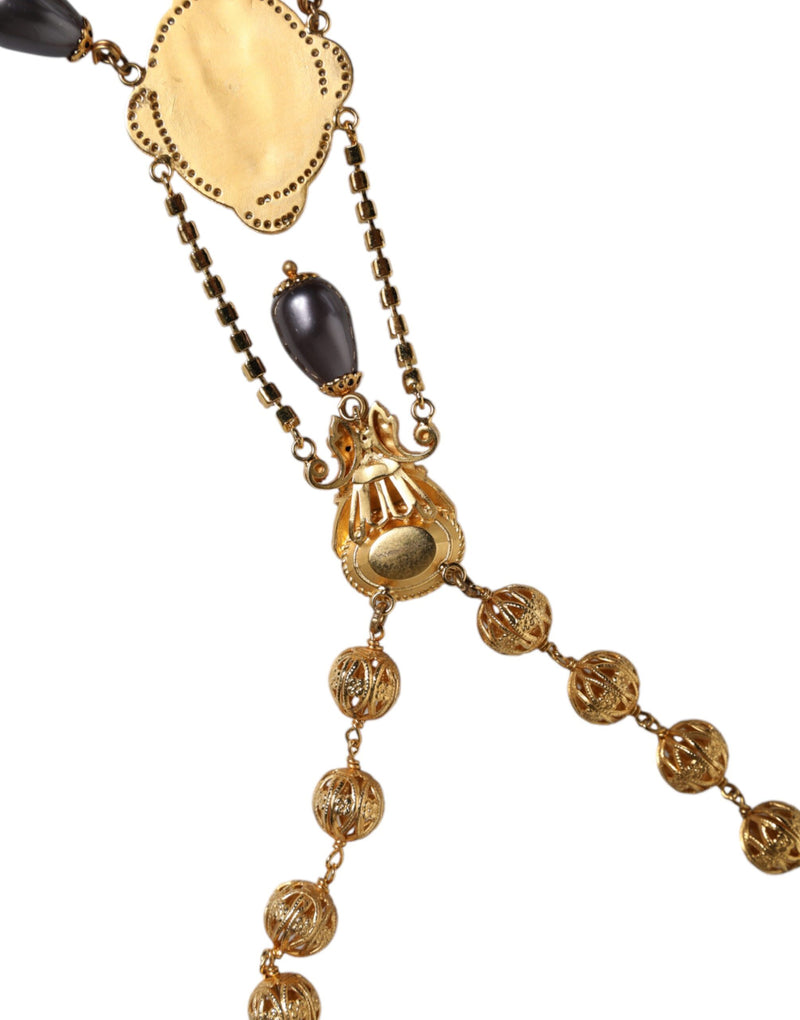Dolce & Gabbana Gold Chain Brass Black Beaded Rosary Necklace