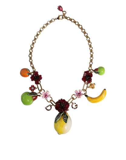 Dolce & Gabbana Gouden Messing FRUIT Hangers Bloemen Kristal Logo Ketting