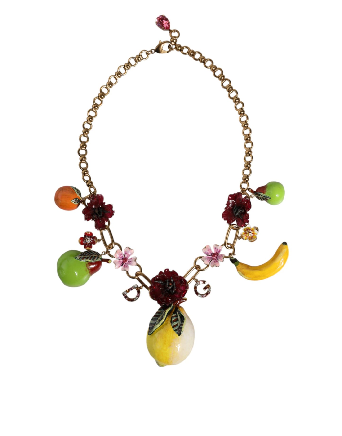 Dolce & Gabbana Gouden Messing FRUIT Hangers Bloemen Kristal Logo Ketting