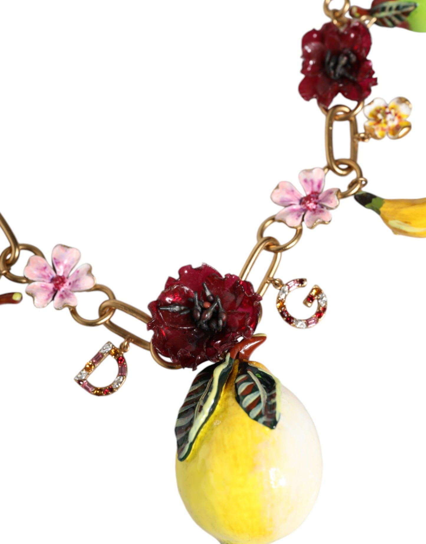 Dolce & Gabbana Gouden Messing FRUIT Hangers Bloemen Kristal Logo Ketting