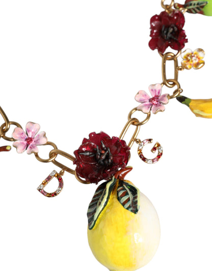 Dolce & Gabbana Gouden Messing FRUIT Hangers Bloemen Kristal Logo Ketting
