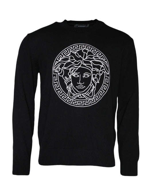 Versace Crew Neck Pullover Sweater met Medusa-borduursel in het zwart