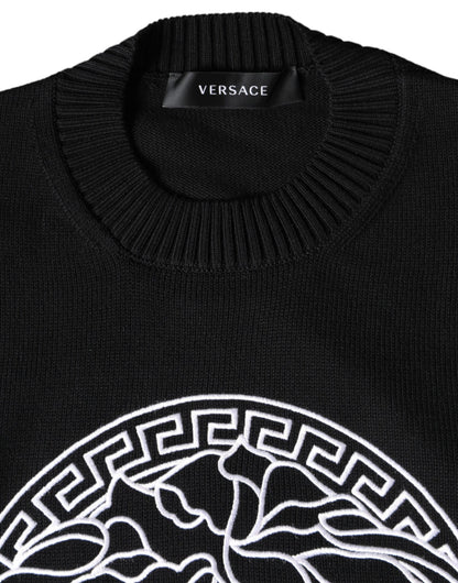 Pull en jersey à col rond brodé de la Méduse noire de Versace