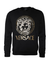 Pull en coton à col rond en molleton Versace noir avec tête de Méduse.