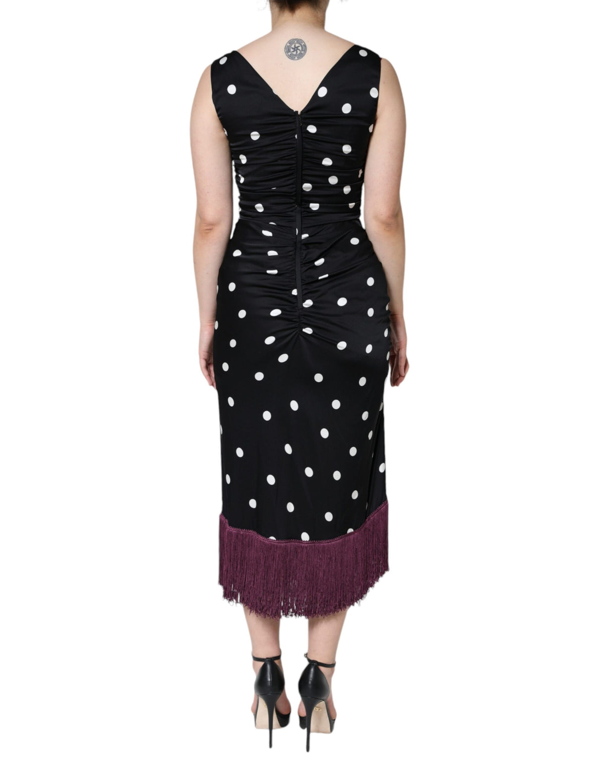 Robe Midi V-neck à Pois en Soie Noire Dolce & Gabbana