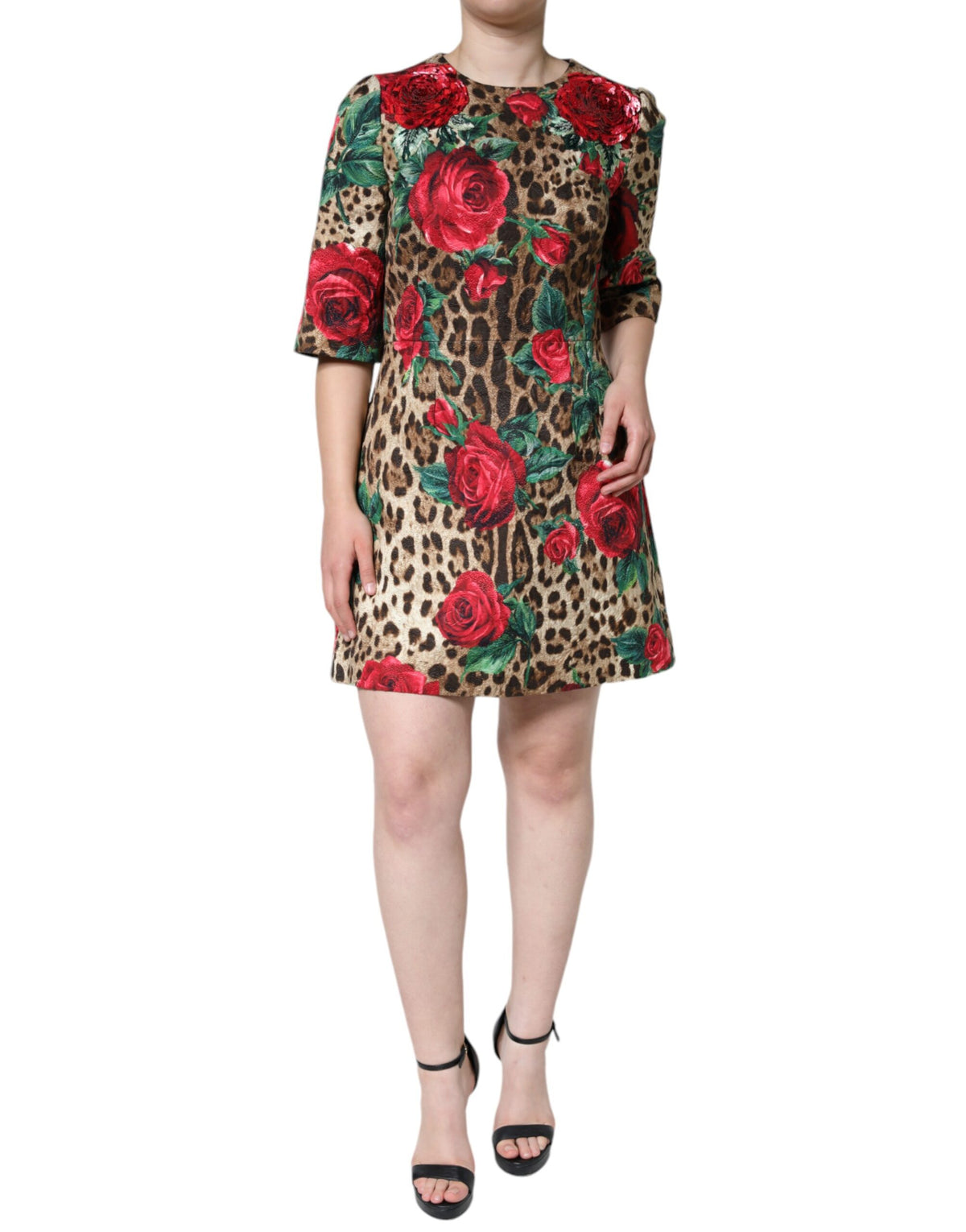 Dolce & Gabbana Robe A-line en Coton Imprimé Léopard et Roses Rouges