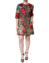 Dolce & Gabbana Robe A-line en Coton Imprimé Léopard et Roses Rouges