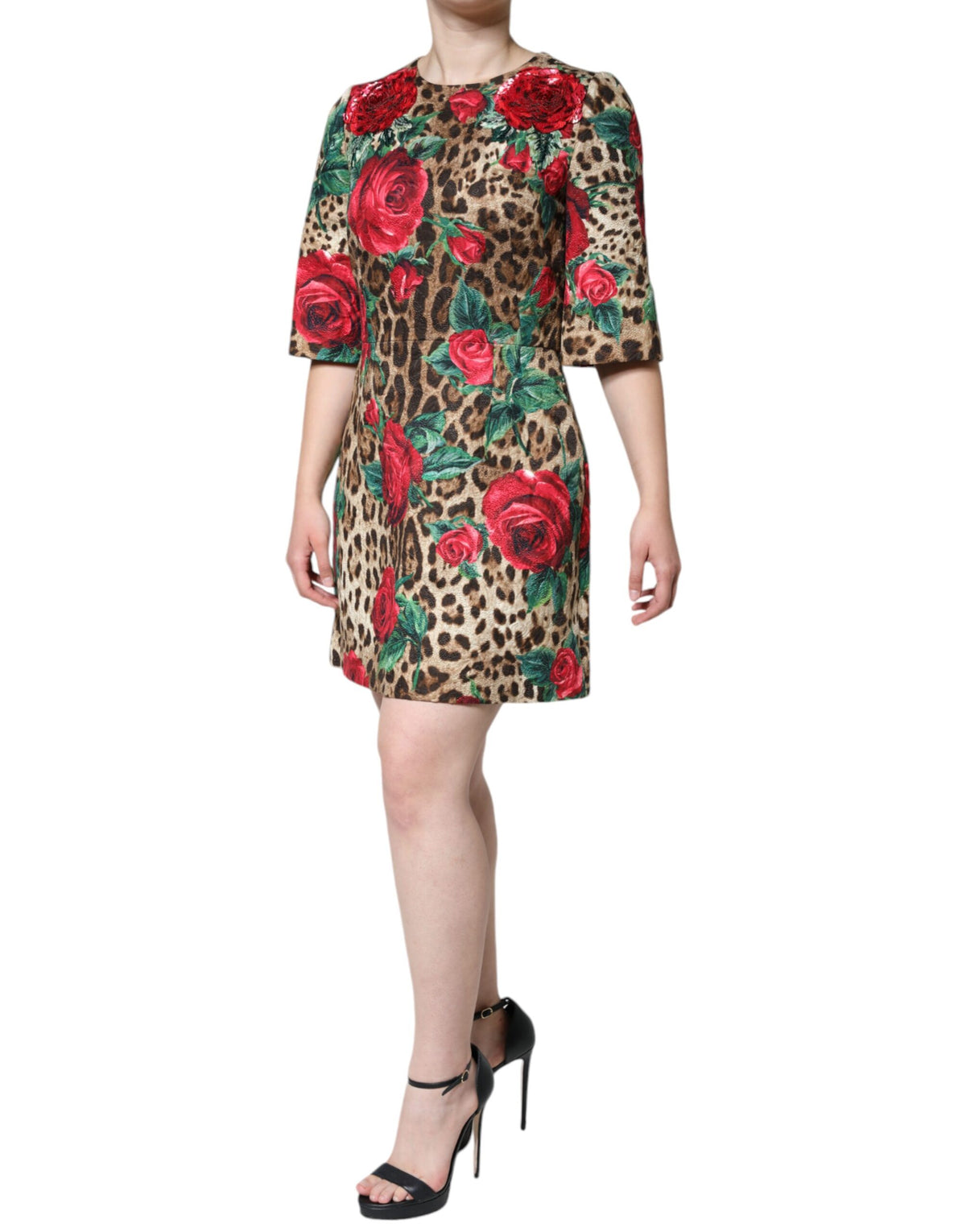 Dolce & Gabbana Robe A-line en Coton Imprimé Léopard et Roses Rouges