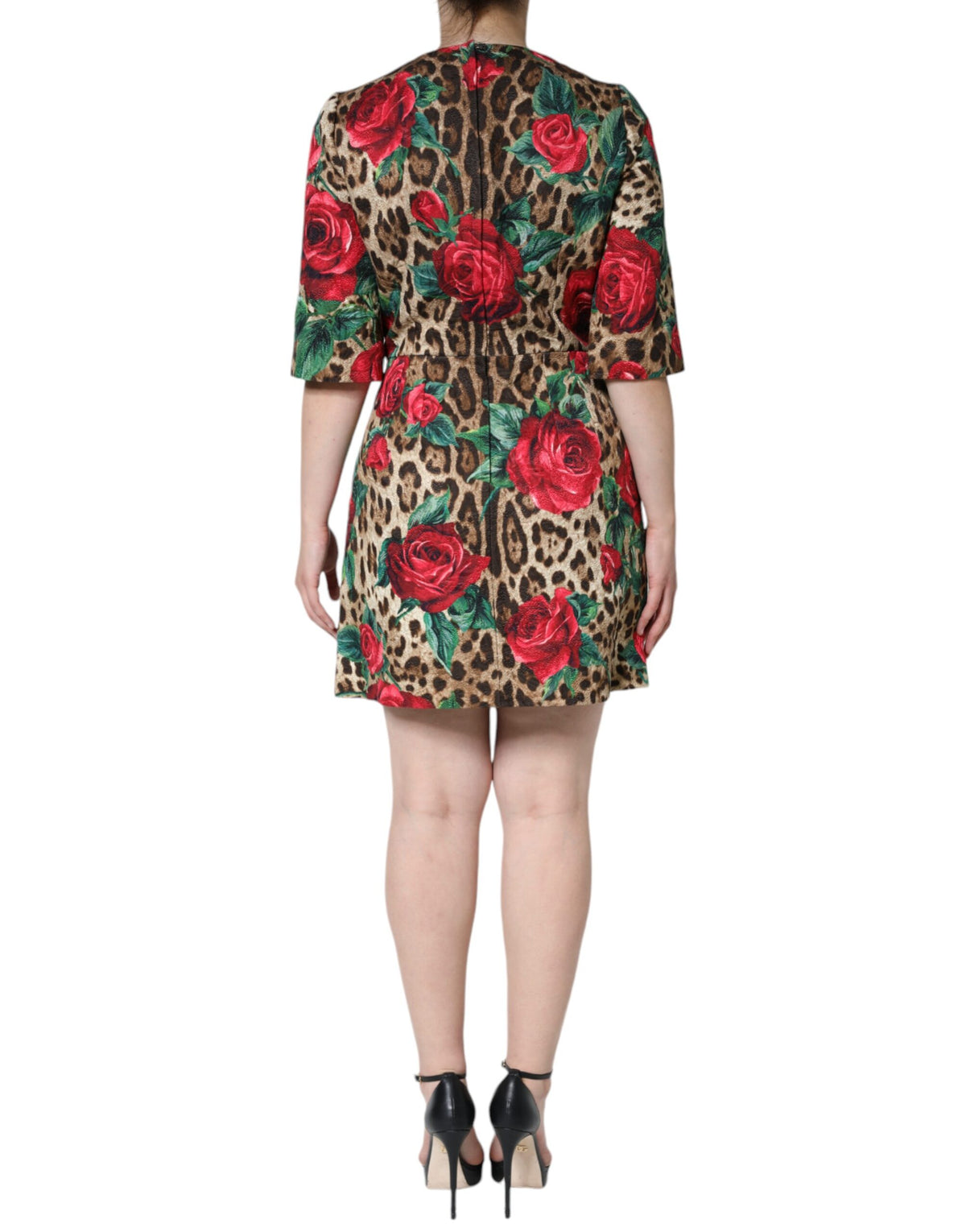 Dolce & Gabbana Robe A-line en Coton Imprimé Léopard et Roses Rouges
