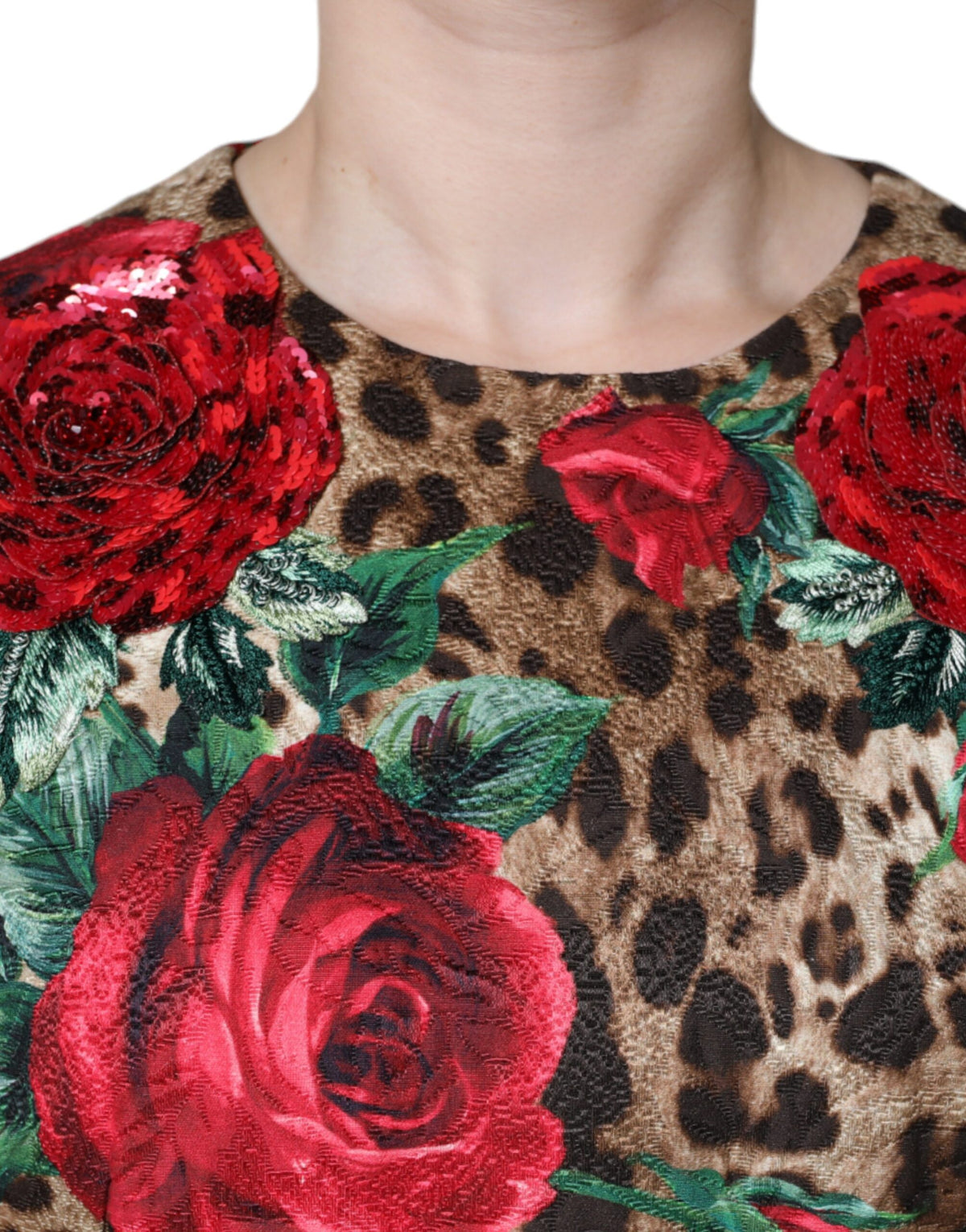 Dolce & Gabbana Robe A-line en Coton Imprimé Léopard et Roses Rouges