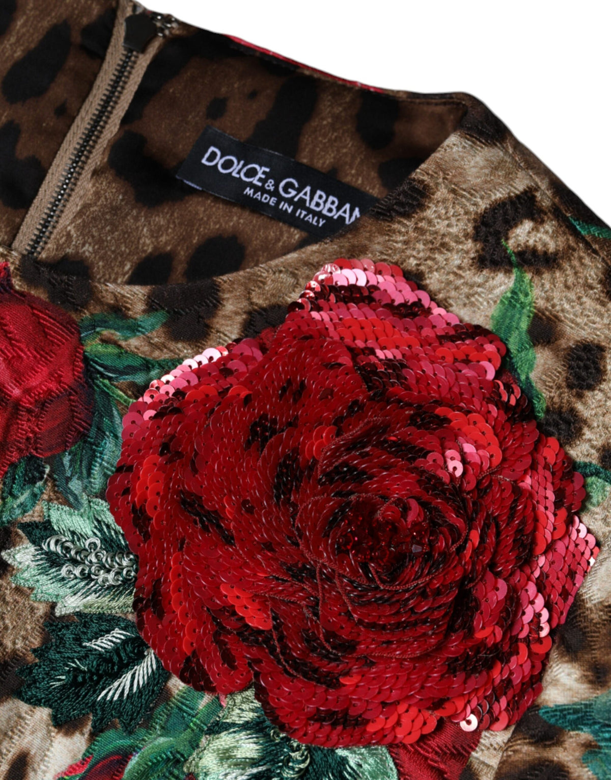 Dolce & Gabbana Robe A-line en Coton Imprimé Léopard et Roses Rouges
