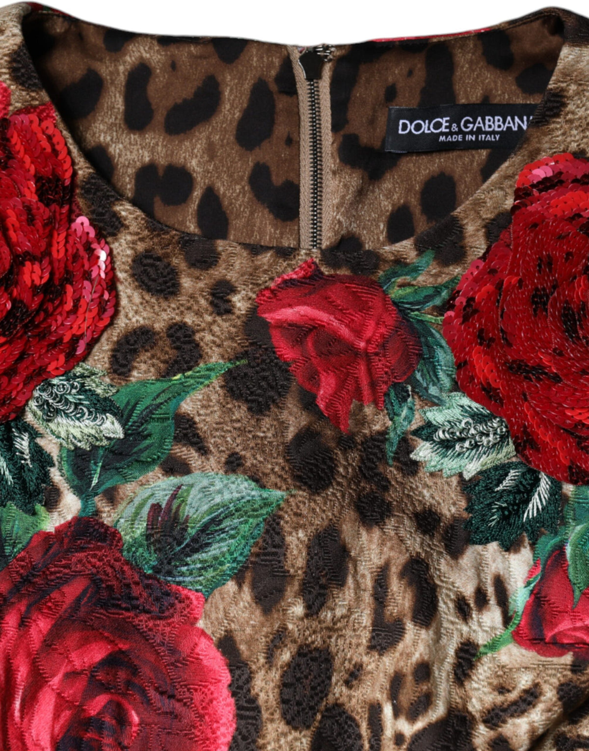 Dolce & Gabbana Robe A-line en Coton Imprimé Léopard et Roses Rouges