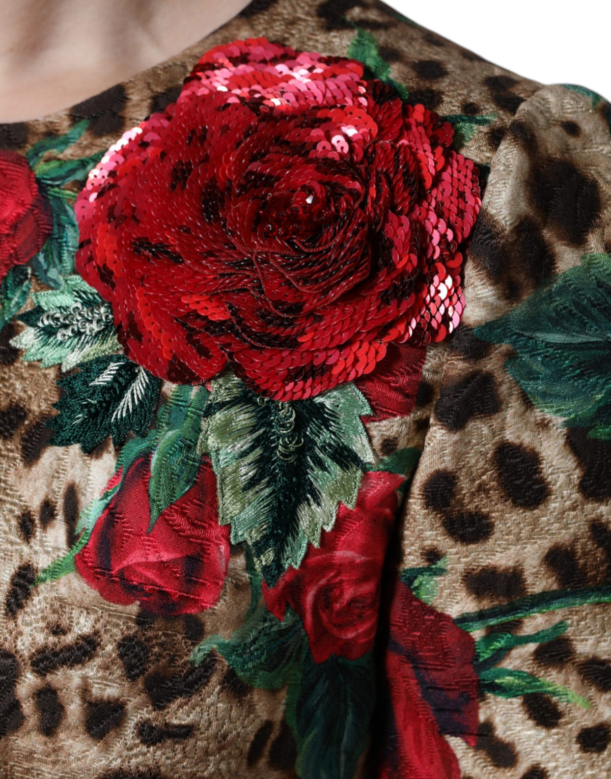 Dolce & Gabbana Robe A-line en Coton Imprimé Léopard et Roses Rouges
