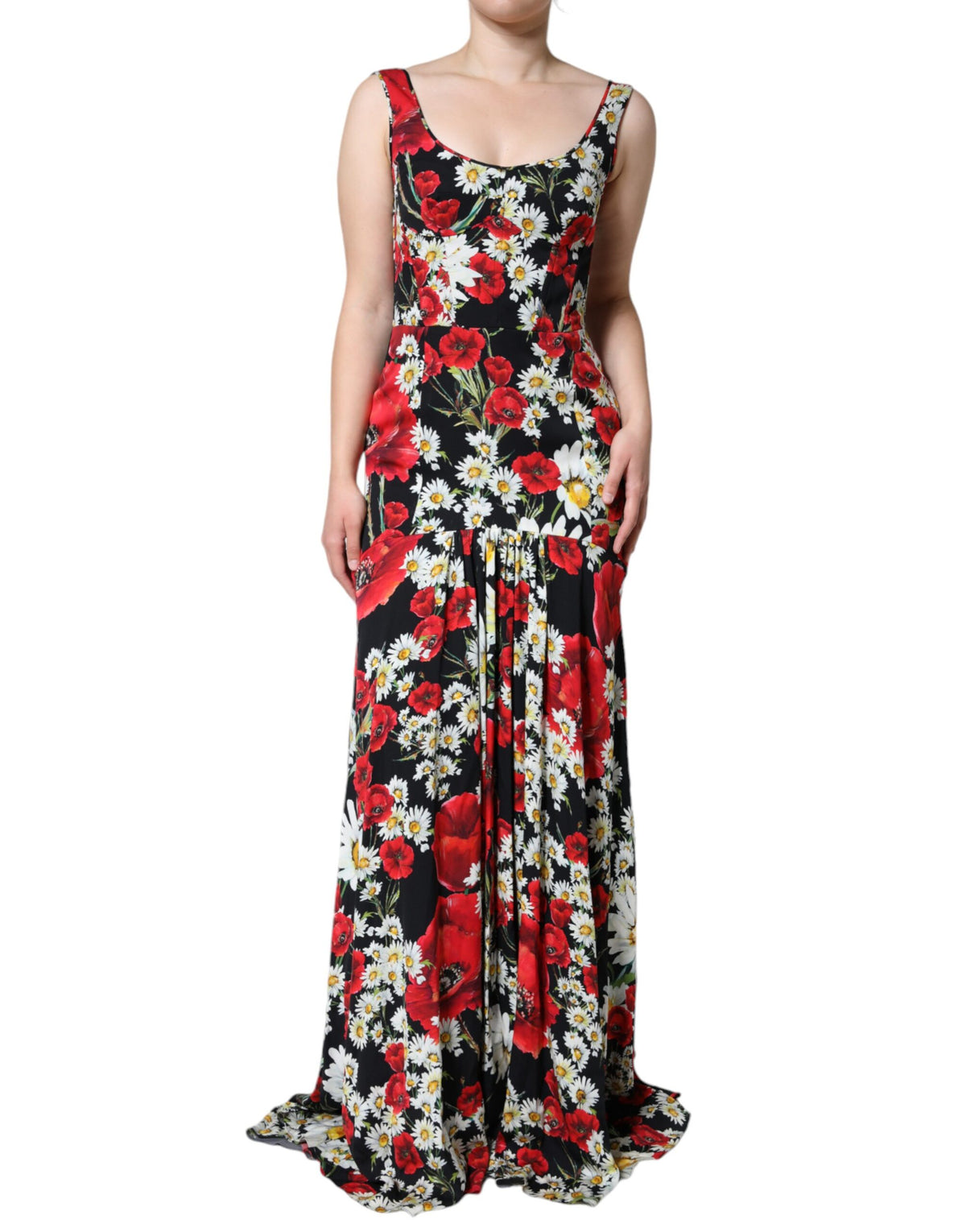Robe Longue Sans Manches en Soie Florale Noire Dolce & Gabbana
