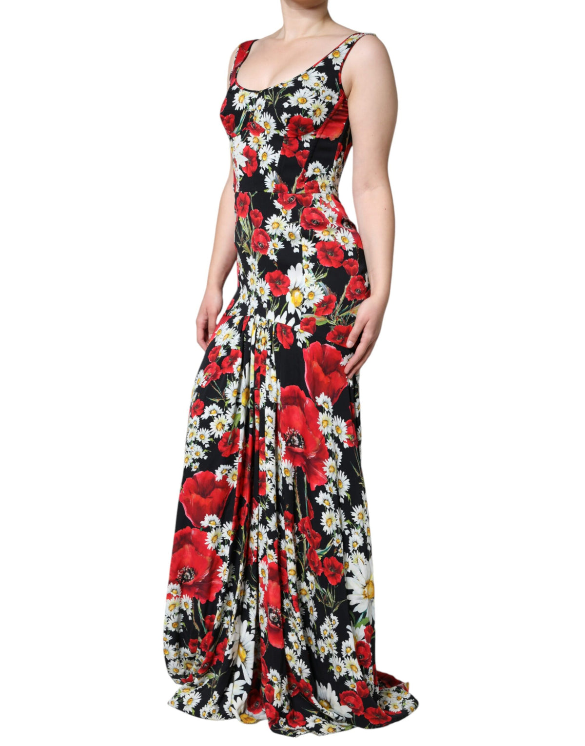Robe Longue Sans Manches en Soie Florale Noire Dolce & Gabbana