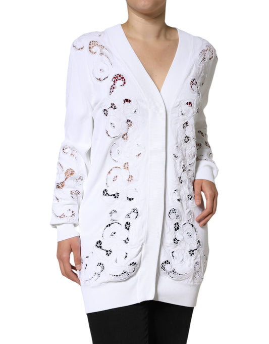 Pull cardigan en viscose blanche à motifs floraux et découpes de Dolce & Gabbana