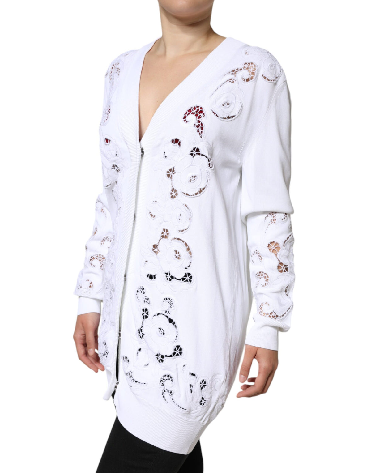 Dolce & Gabbana Cardigan Sweater en Viscose Blanc à Découpes Florales