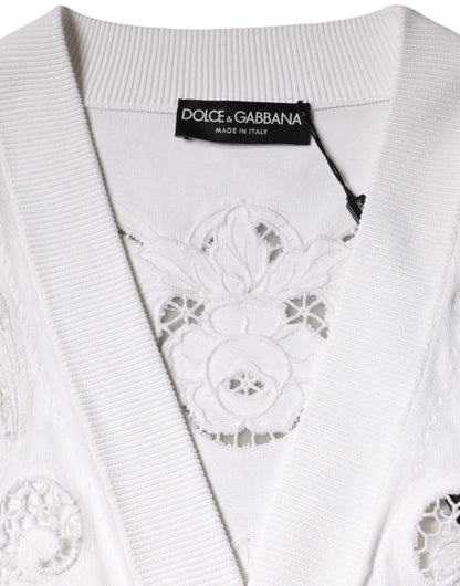 Dolce & Gabbana witte viscose gebreide cardigan met bloemenpatroon en uitsparingen