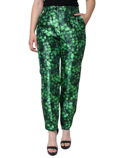 Pantalon taille haute et coupe évasée en satin de soie vert trèfle de Dolce & Gabbana