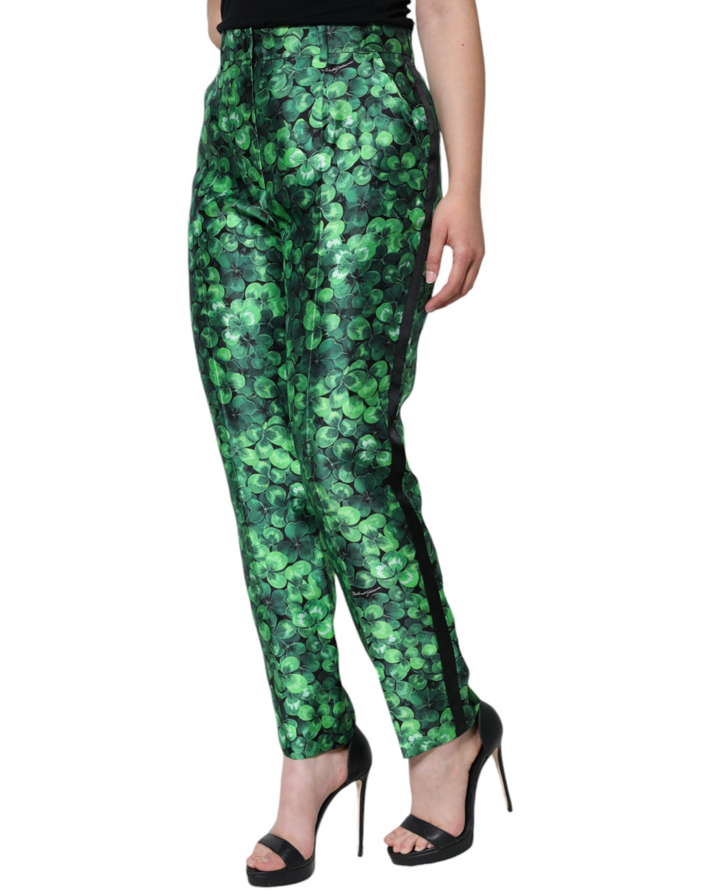 Pantalon taille haute et coupe évasée en satin de soie vert trèfle de Dolce & Gabbana