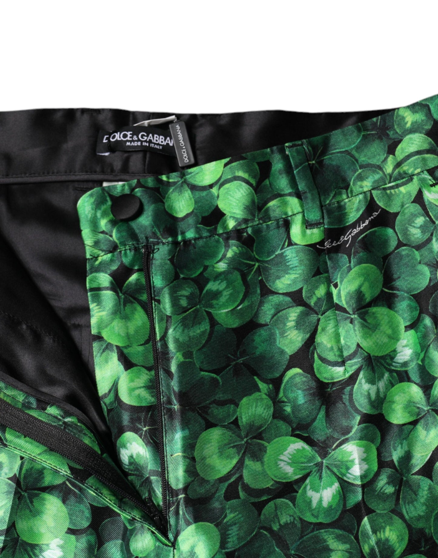 Pantalon taille haute et coupe évasée en satin de soie vert trèfle de Dolce & Gabbana