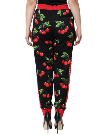 Pantalon de jogging taille mi-hauteur noir à rayures rouges et cerises de Dolce & Gabbana